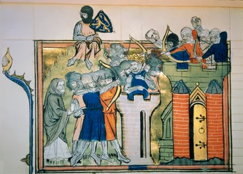 Første korstog: Godefroi (eller Godefroy) av Bouillon (1058-1100) i et rundt tårn angrep Jerusalem i 1099. Miniatyr fra "" Roman De Godefroy De Bouillon et de Saladin""