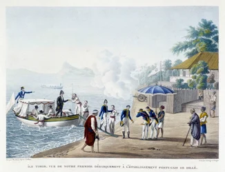 Første barking av franskmennene ved den portugisiske bosetningen Dille på øya Timor.