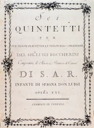 Første side med partitur av "" Seks kvintetter for to fioliner, bratsjfløyte og cello "" av Luigi Boccherini
