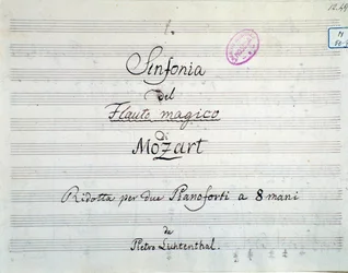 Første side av symfonipartituret redusert til to pianoer og åtte hender av Die Zauberflote, opera av Mozart, Lichtenthal-versjon (1800-tallet)