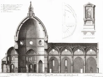 Firenze, Italia. Duomo og katedralen Santa Maria del Fiore. Tverrsnitt av katedralen. Etter en gravering fra 1800-tallet (gravering)
