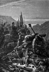 Francois I (1494 - 1547) ble liggende i salen natten før slaget ved Marignan, september 1515. Gravering av 1800-tallet.
