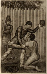 Fredag blir kastet i armene til Robinson Crusoe, gravering satt inn i "Les aventures de Robinson Crusoe" av Daniel Defoe