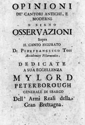 Frontispice av "" Meninger fra gamle og moderne sangere observerer observasjoner om figurativ sang "" av Pier Francesco Tosi (1653 - 1732), italiensk kastrat, komponist og teoretiker. 1723