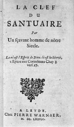 Frontispice av "Nøkkelen til helligdommen"" av Baruch Spinoza (1632-1677), nederlandsk filosof også kjent som Bento de Espinosa eller Benedictus de Spinoza eller Benoit de Spinoza. 1678