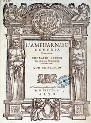 Frontispice fra Amfiparnaso madrigalkomedie av Orazio Vecchi
