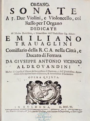 Frontispice av partitur av "" Sonate for 2 fioliner, cello og orgel, op. 5 ”” av Giuseppe Aldrovandini