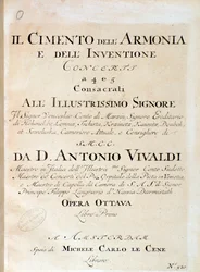 Frontispice av musikalsk partitur av fiolin på konsert V i Prøvelsen av harmoni og oppfinnelse av den italienske komponisten Antonio Vivaldi