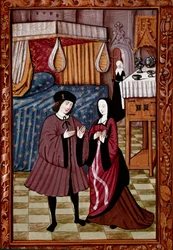Galant møte på et soverom Sannsynligvis kjærligheten til Jean III de Brush og Louise de Laval. Miniatyr fra manuskript ms. 1475