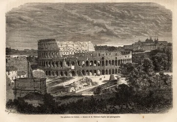 Generell utsikt over Colisee, i Roma, Flavian amfiteater ferdigstilt i 80, under keiser Titus regjeringstid, med plass til opptil 75 000 mennesker, det forble i tjeneste til det 6. århundre, symbol på imperiale Roma, som ligger øst for Forum Romanum, det e
