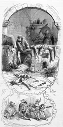 Gilles de Rais (Retz ou Rays) (1404-1440) i situasjon: trollmennene, for sine magiske operasjoner, kjøpte dødfødte barn (1400-tallet) - gravering, n.d.