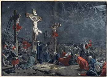 Langfredag: Jesu Kristi korsfestelse (Jesus Kristus). Illustrasjon i "" le Pelerin"" av 3. april