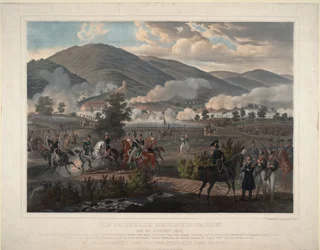 Napoleonskrigene: slaget ved Kulm (nå Chlumec) i Böhmen (Tsjekkia) 30.08.1813 - Russisk livgarderegiment i slaget ved Kulm 29. august 1813 - Anonym - ca 1813 - Fargelitografi - 59x75,6 - Privat samling