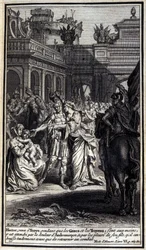 Hector, som kom til Troyes mens grekerne og trojanerne var i deres hender, ble plaget av smerten til Andromaque, og av gråten fra sønnen, som han kysset ømt før han vendte tilbake til kampen. Illustrasjon av bok VI av Iliaden av Homere, Fren
