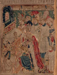 Historien om Saint Piat og Saint Eleuthère, Scene 10: Saint Eleuthère er hellig som biskop (D'evesques, a ce ordenés fu li benois helgener innviet. Detalj.