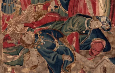 Historien om Saint Piat og Saint Eleuthère, scene 14: Pesten knekker byen Tournai. Detalj.