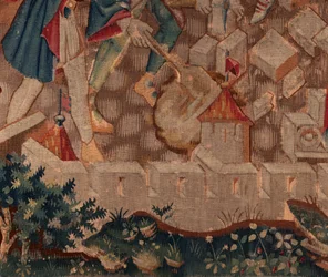Historien om Saint Piat og Saint Eleuthère, Scene 5 Detalj til venstre nedenfor. Bymurer og busker.