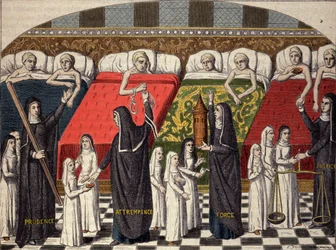 Sykehusrom på Hotel Dieu i Paris. Gode søstre er utformet med dydens navn: klokskap, måtehold, styrke og rettferdighet. Gravering etter en miniatyr fra 1400-tallet.