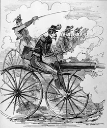 Humoristisk gravering: Velocipedomania påført maskingevær - 1800-tallet.