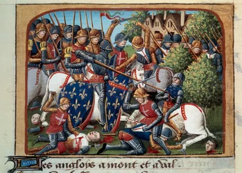 Hundreårskrig: slaget ved Formigny (Calvados) 15.04.1450 mellom den engelske hæren til Thomas Kyriell og Jean de Clermont. Miniatyr belyst fra manuskriptet "" Vigiles du roi Charles VII"" i kronikkene til Jean Chartier, redigert av Mar