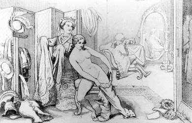 Illustrasjon som viser Casanova og en naken kvinne - i "History of my life"" av Casanova. Brussel 1872.