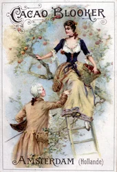 Reklameillustrasjon for Blooker Cocoa som viser en ung mann på 1700-tallsmote som hjelper en ung kvinne ned en stige.