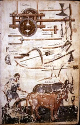 Instrumenter for å bearbeide åkeren og en mann som pløyer - i "" Scutum Herculis (The Shield of Heracles"" av Hesiode