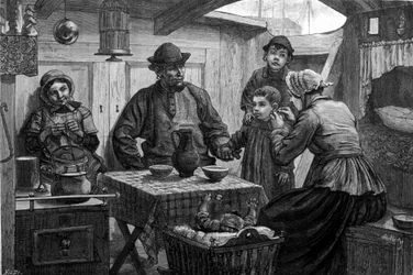 Interiør av en elvebåt på Lys. 1800-tallsillustrasjon