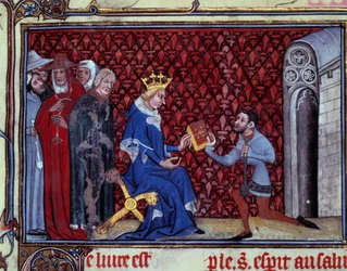 Jacques Bauchant presenterer sin bok til kong Charles V (1338-1380) Miniatyr hentet fra "" Ways of God and Visions of Saint Elisabeth von Schonau (1128-1164) "" av Jacques Bauchant av Saint Quentin (? -1396), Paris, BN