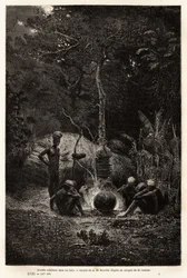 Kanaks matlaging i skogen, på territoriet til Pamale. Gravering for å illustrere turen til Ny-Caledonia, av Jules Garnier, sivilingeniør i gruver, i 1863-1866, publisert i "Le tour du monde, nouveau journal des voyages", redigert av Edouard C