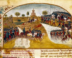 Kong Alexander den store (356-323 f.Kr.) og hans hær passerer tigeren og miniatyreufraten fra "" Faktabok om Alexander den store"" av Quintus Curtius Rufus (Quinte Curce) (1. århundre), ca. 1468. (Ms. 1335) Reims. Kommunebibliotek