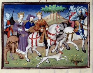 Kong Filip VI av Valois og den hvite dronningen av Navarra (?) Starter for jakt Miniatyr hentet fra "" The book of hunting""" av Gaston III Phoebus, greve av Foix, Lord of Bearn (1331-1391)