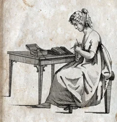 Knitting machine: woman busy knitting wool (knitting) Engraving late 18th century. Private collection.
