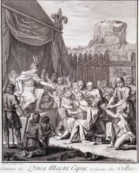 Inca Mayta Capac til fordel for Collas - i ""Historisk reise i Sør-Amerika laget på ordre fra kongen av Spania"" av Don Georges Juan & Don Antoine de Ulloa, T.II, red. Jombert, King