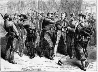 La Commune de Paris i 1871. Arrestasjon av en refraktær av en tropp federes.