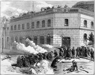 La Commune de Paris i 1871. Forsvar av Elysee-palasset av Federes (Communards).