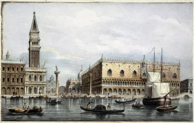 Le mole vu du canal - i "Album med de viktigste utsiktene over Venezia"", ill. av Marco Moro, red. Gio Brizeghel, v.1840