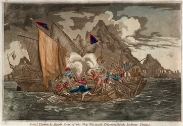 Løytnant Turner og mannskapet på skipet «Tea», tatt til fange av Ladrone-piratene, ca. 1800 (farget akvatint)