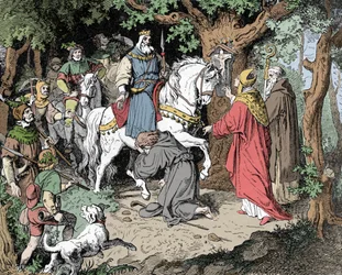 Liudolf (Liudolf, hertug av Schwaben) (930-957) ber om tilgivelse fra sin far Otton I av Det hellige rike (Otto I, den hellige romerske keiseren)
