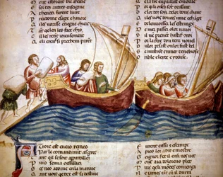 Lasting av gods om bord, sent 13. århundre - Miniatyr fra «Roman de Troie» av Benoît de Sainte-Maure, 14. århundre - Biblioteca Marciana, Venezia