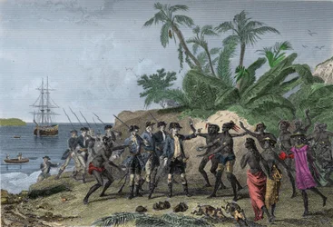 Louis Antoine (Louis-Antoine) av Bougainville, fransk navigatør (1729-1811), henvender seg til øyene til markisene på Tahiti, 6. april
