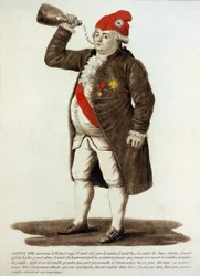 Louis XVI iført den frygiske hetten og drikker i flasken