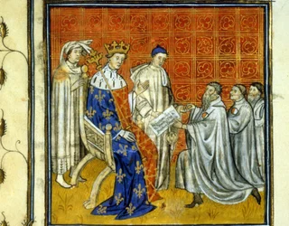 Louis X (1289 - 1316) gir et charter til jødene i kongeriket - Forløsning av jødene, i 1315, av deres rett til å returnere til kongeriket Frankrike etter utvisningen av 1308 av Filip Bel. De kan identifiseres med det hvite og røde hjulet. Illumina
