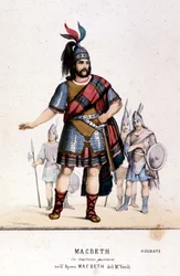 Macbeth-karakter i krigerkostyme i operaen med samme navn av Giuseppe Verdi (1813 - 1901) etter arbeidet til William Shakespeare. 1847. Gravering.