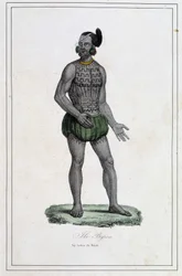 Man of Byron Islands with tattoos (Polynesia) - i "The different peoples of the earth" av Abbe Paul Jonhanneaud, Librairie des Bons livres