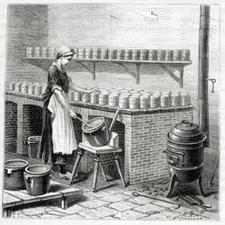 Produksjon av camembertost (ostemasse helles i blåskjell) - i "" Industriens underverk"" av Louis Figuier