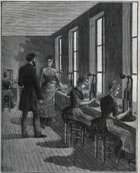 Produksjon av metallfjær: decoupageverksted i Frankrike på 1800-tallet. Gravering fra 1885 i "" Les arts et metiers illustres"" av Adolphe BITARD.