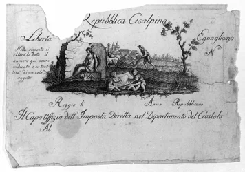 Kart over den cisalpine republikken (Cisalpina), laget av Napoleon Bonaparte 27.06.1797 etter fransk modell i Italia, som ble til den italienske republikken i 1802. Verdiene til Den franske republikk er nedfelt i det (Liberte, Egalite). Gravering Museo del