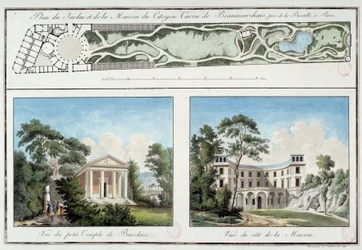 Kart over hagen og huset til den franske forfatteren og dramatikeren Pierre Augustin Caron de Beaumarchais (1732-1799) på den nåværende Boulevard Beaumarchais i Paris. Gravering rundt 1795 Paris, Musee Carnavalet