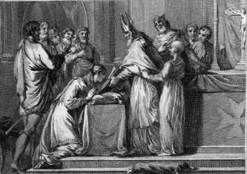 Marriage of Sigebert I (535-575), King of Austrasia and Brunehaut (or Brunehilde, 543-613), 566. Engraving of the 18th century.